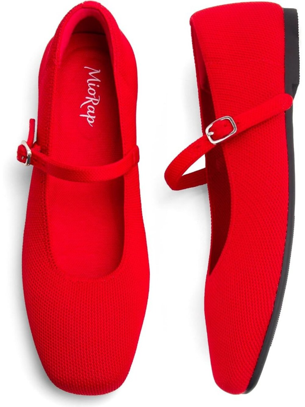 Women's Red Comfortable Knit Ballet Square Toe Adjustable Straps Shoes Flats